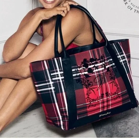 Victoria’s Secret plaid tartan floral red and black tote travel overnight bag - Picture 7 of 7